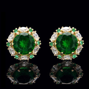 Green Emerald Created Diamond Earrings 14K Gold